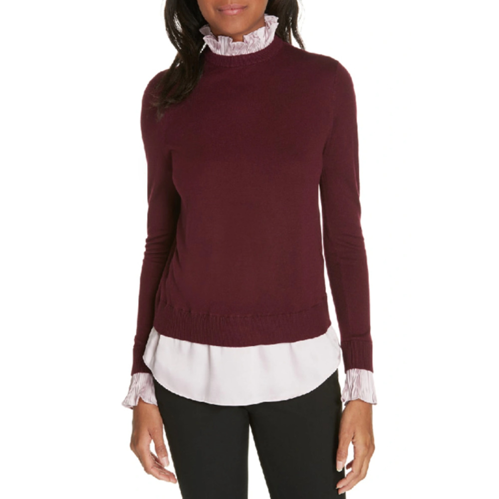 NWT Ted Baker Kaarina Pleated Mock Neck Layered Sweater Cashmere Blend Ruffle